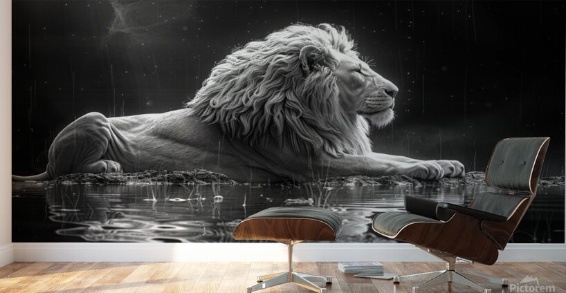 Majestic repose a lion in monochrome reflection Wall Murals