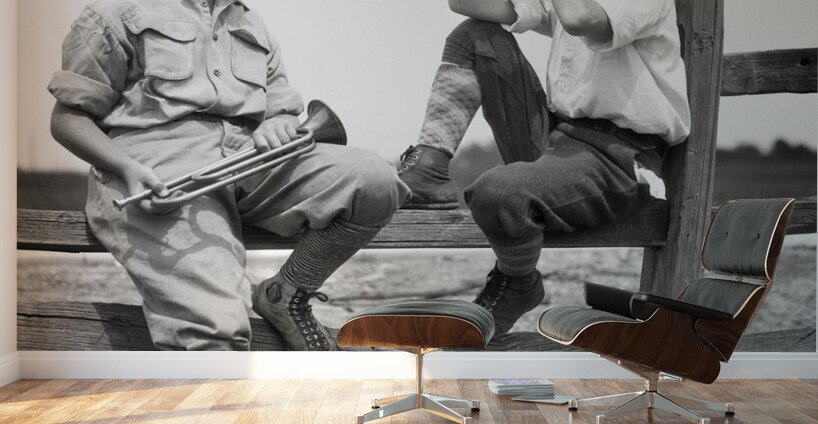 1930s 2 BOYS SIT ON SPLIT FENCE PRACT. BUGLE HORNS 232613 Wall Murals