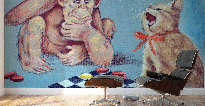 Monkey and Cat Playing Chess Wall Murals