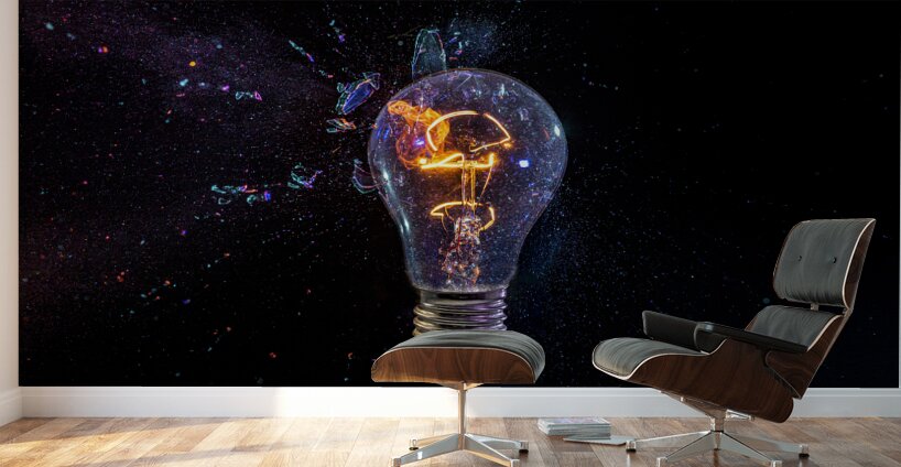 old bulb breaking into fragments on black  Wall Murals