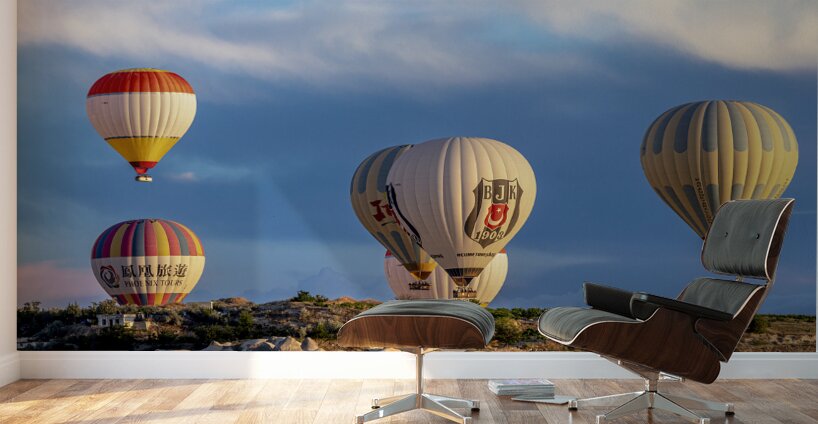 Hot air balloons fly over Goreme. Turkey Wall Murals