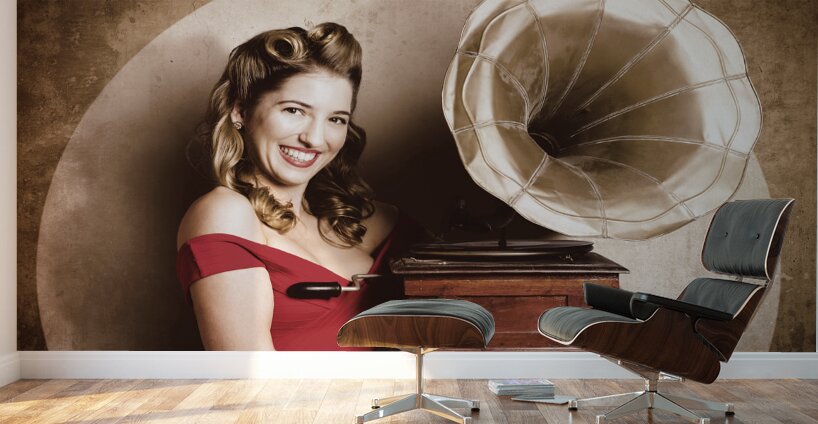 Vintage pin-up girl listening to record player Wall Murals