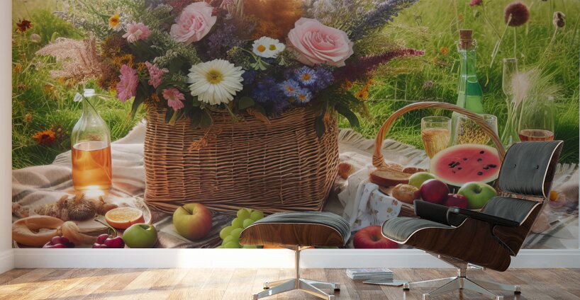 picnic basket in the countryside 1 Wall Murals