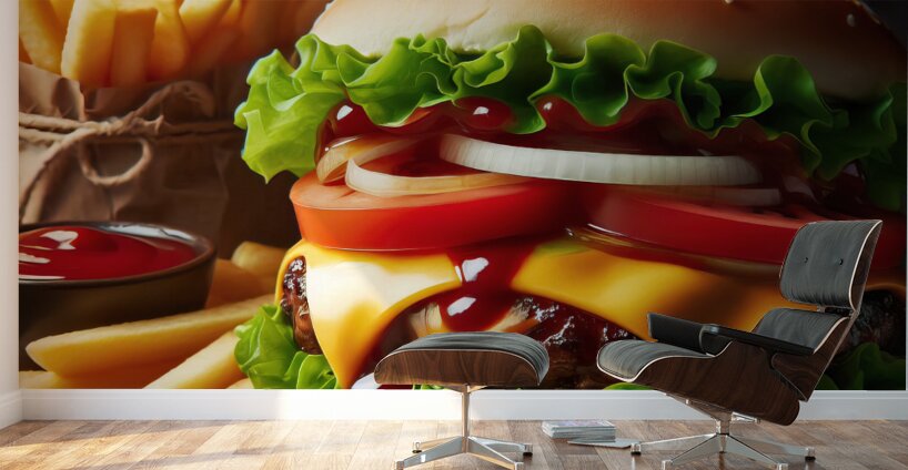 Hamburger french fries and drink on white 4 Wall Murals