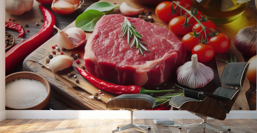 fresh raw steak meat on wooden board with rosemar 1714412266.5902 Wall Murals