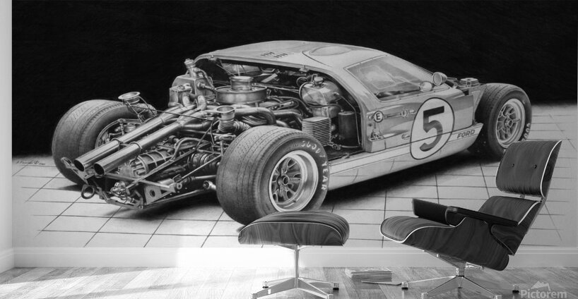 Automotive Print: 1966 Le Mans Ford GT40 Photo Like Drawing Wall Murals