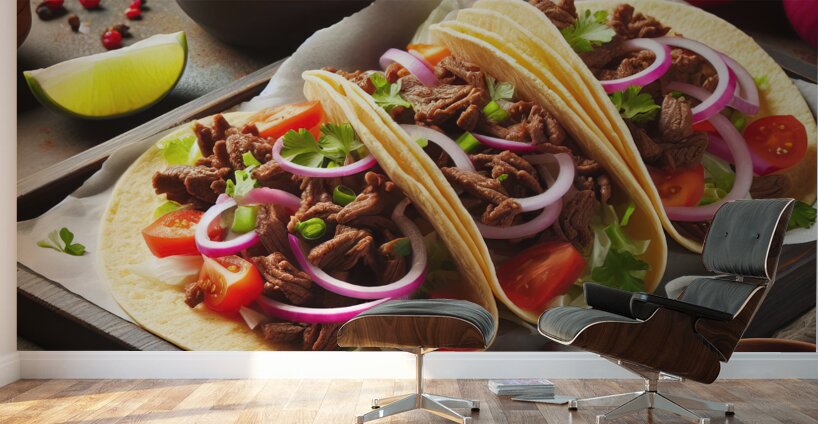 Delicious tacos on a plate placed on wooden table 1714682769.5112 Wall Murals