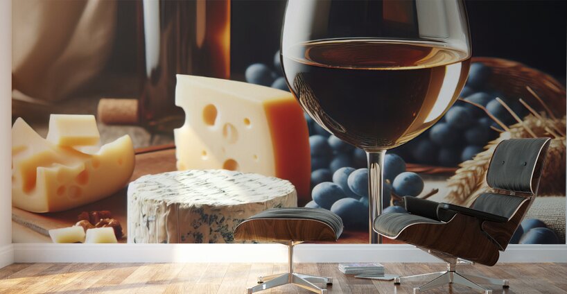Cheese wine grapes on food composition in dark ke 1714825964.6358 Wall Murals