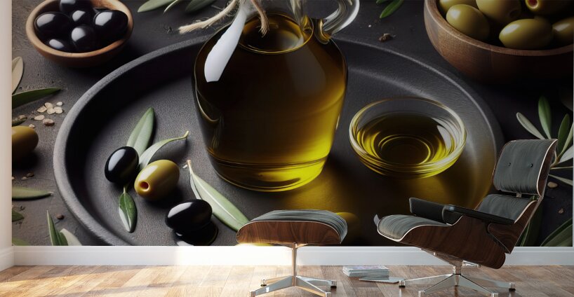 a bottle of extra virgin olive oil on a rustic ba 1714940180.9181 Wall Murals