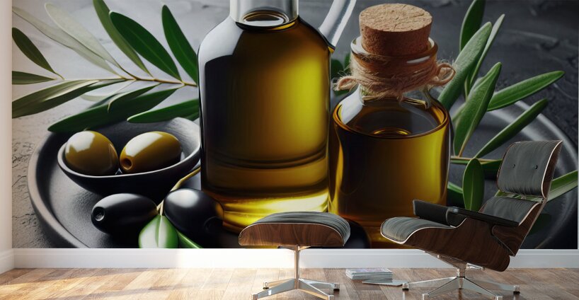 a bottle of extra virgin olive oil on a rustic ba 1714940173.2876 Wall Murals