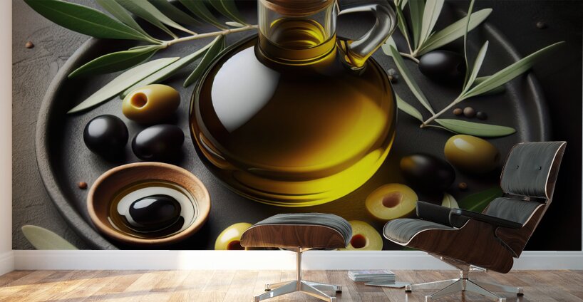 a bottle of extra virgin olive oil on a rustic ba 1714940215.3253 Wall Murals