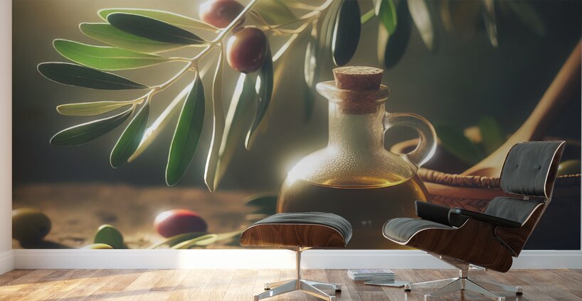 a bottle of extra virgin olive oil on a rustic ba 1714940152.7975 Wall Murals
