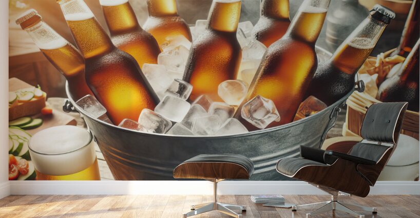 Metal bucket with beer bottles and ice cubes 17.j Wall Murals