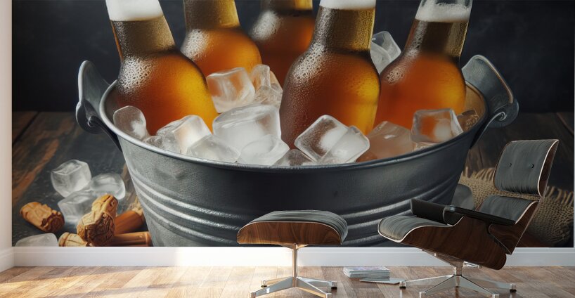 Metal bucket with beer bottles and ice cubes 3.jp Wall Murals