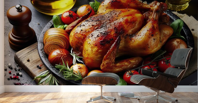 Roasted chicken on wooden board 11 Wall Murals