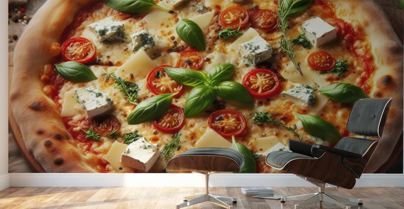 a delicious Italian salami cheese pizza over a wo Wall Murals
