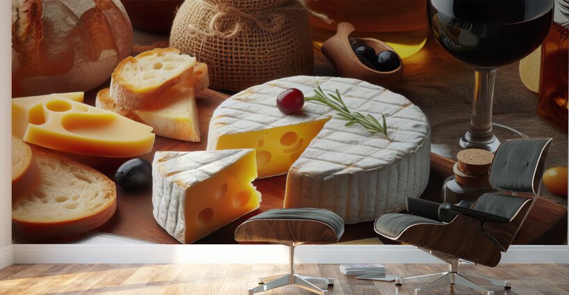 A wooden board with a variety of foods such as ch 1715187971.1457 Wall Murals