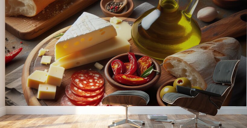 A wooden board with a variety of foods such as ch 1715187976.0502 Wall Murals