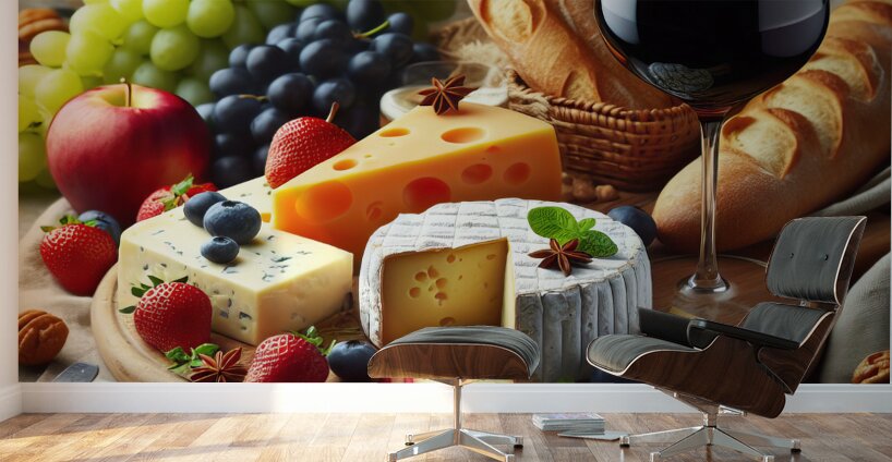 A wooden board with a variety of foods such as ch 1715187951.3367 Wall Murals