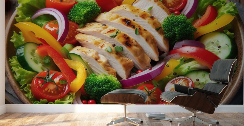 Chicken salad with tomato lettuce on wooden board 1715271873.2538 Wall Murals