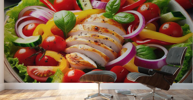 Chicken salad with tomato lettuce on wooden board 1715271954.6278 Wall Murals