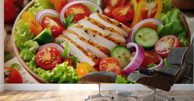 Chicken salad with tomato lettuce on wooden board 1715271953.3073 Wall Murals