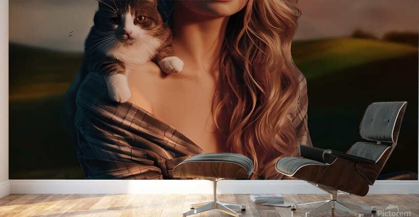 a captivating photograph of a young woman and cat Wall Murals