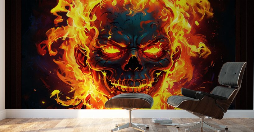 Fiery Flaming Skull Graffiti Abstract Frightening AI Concept Art by Xzendor7 Wall Murals
