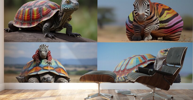 A colorful tortoise sitting on a zebra in Afric 1 Wall Murals