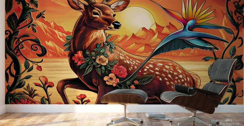 A majestic deer decorated with flowers and leaves Wall Murals