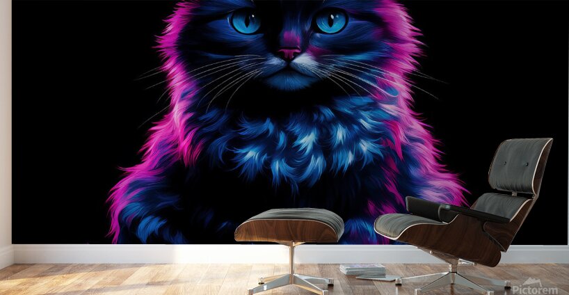A vibrant neon-illuminated depiction of a cat. The cat has a dark Wall Murals