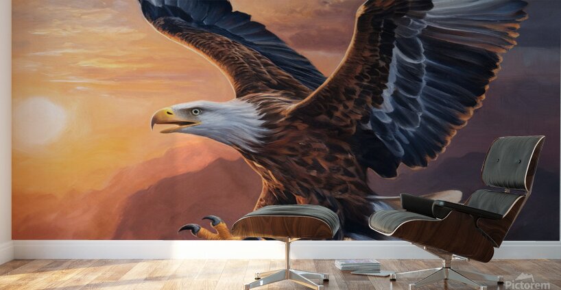 An eagle appears soaring against the backdrop of a stunning sunrise with its majestic wings Wall Murals