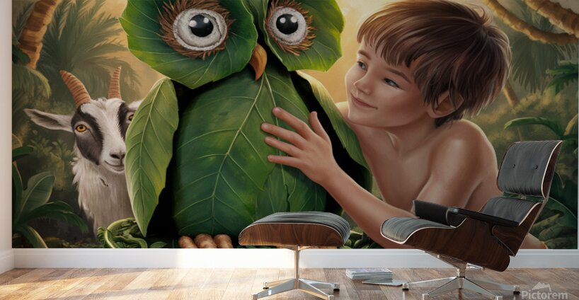 young boy gently touches a large owl-shaped structure made of green leaves Wall Murals