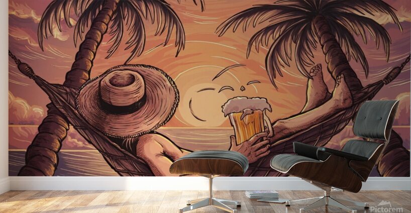 For a stunning sunset it shows a figure lying in a hammock between two coconut trees. Wall Murals