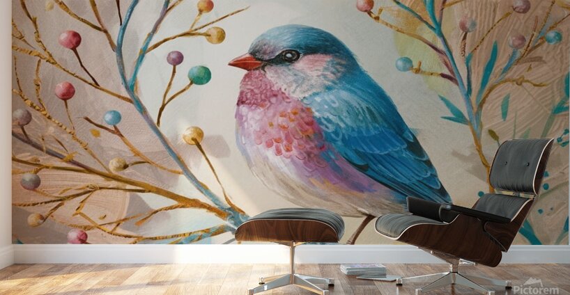 a vibrant and whimsical illustration of a bird pe Wall Murals