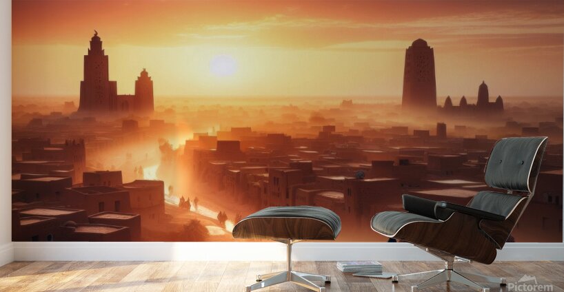 Sunrise over Timbuktu as a camel caravan passes through the town - View  4 Wall Murals