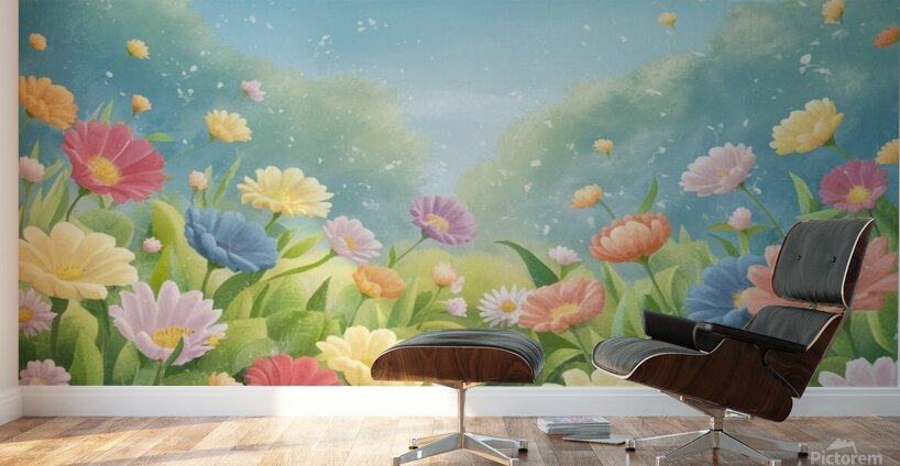 a serene and peaceful scene of a lush garden fill Wall Murals