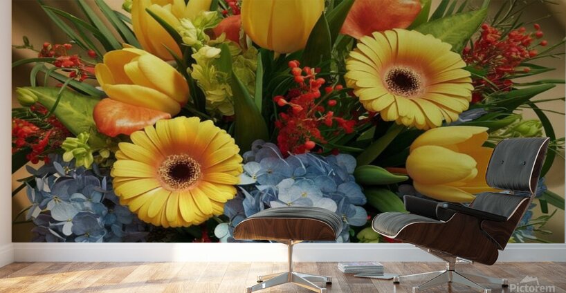 Bright yellow tulips and Gerbera Wall Murals