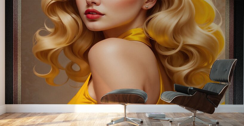 Her Golden Color Mesmerizing Pin Up Girl AI Concept Art Portrait by Xzendor7 Wall Murals