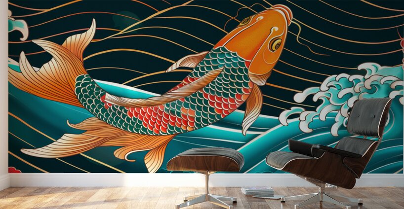 Traditional asian koi fish in waves illustration Wall Murals