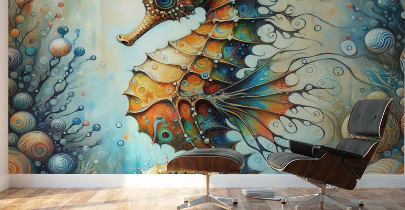 300 Mixed media painting of a whimsical seahorse. Wall Murals