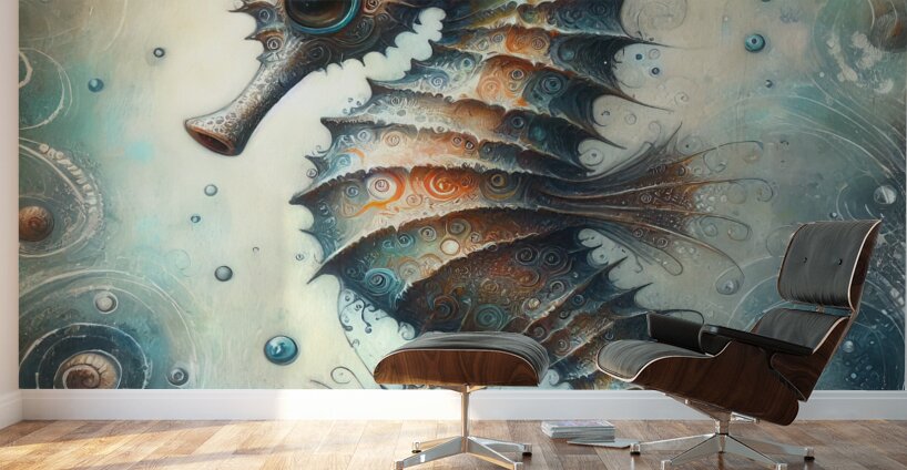 292 Mixed media painting of a whimsical seahorse. Wall Murals