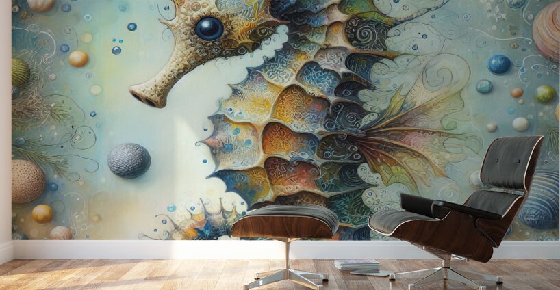299 Mixed media painting of a whimsical seahorse. Wall Murals