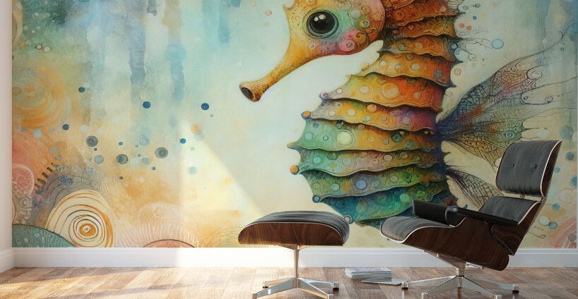 291 Mixed media painting of a whimsical seahorse. Wall Murals