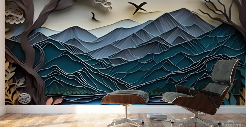  paper cut of a landscape with trees and flowers Wall Murals