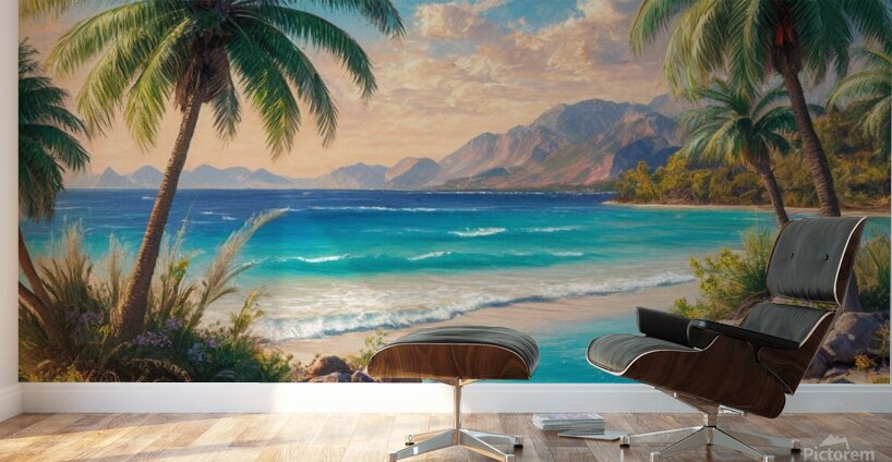 Serene beach landscape with palm trees crystal  Wall Murals