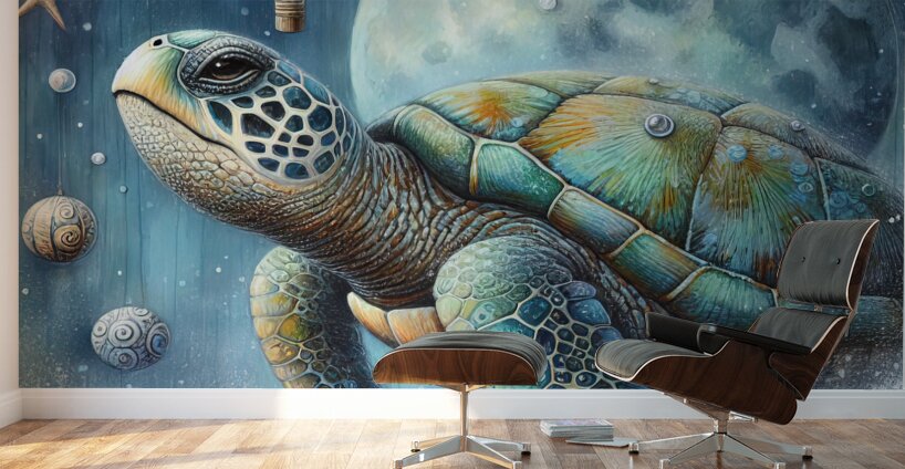 324 Mixed media painting of a whimsical sea turtl Wall Murals