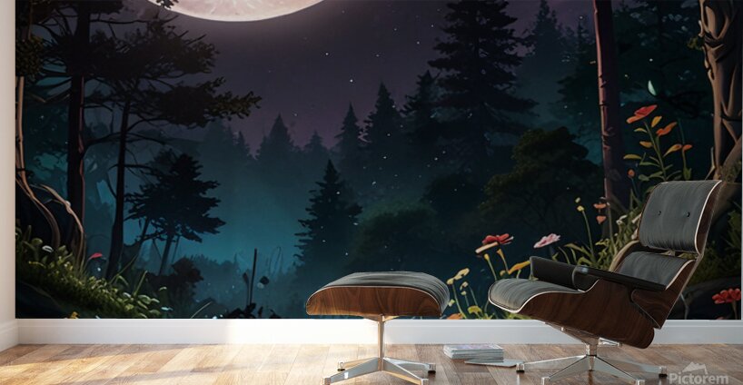 A forest filled with vibrant flowers and lush greenery all lit by the soft glow of the moon.  Wall Murals