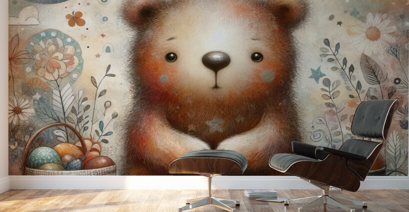 350 Mixed media painting of a whimsical bear Wall Murals