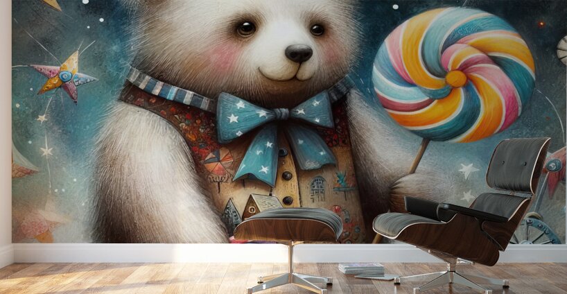 342 Mixed media painting of a whimsical bear Wall Murals